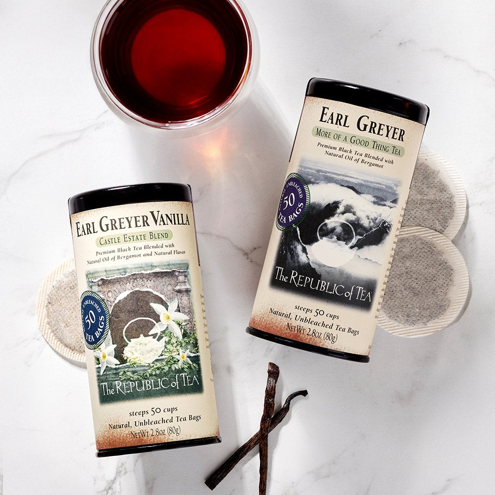 Republic of Tea Earl Grey and Earl Grey Vanilla tea tins with brewed tea and loose vanilla beans